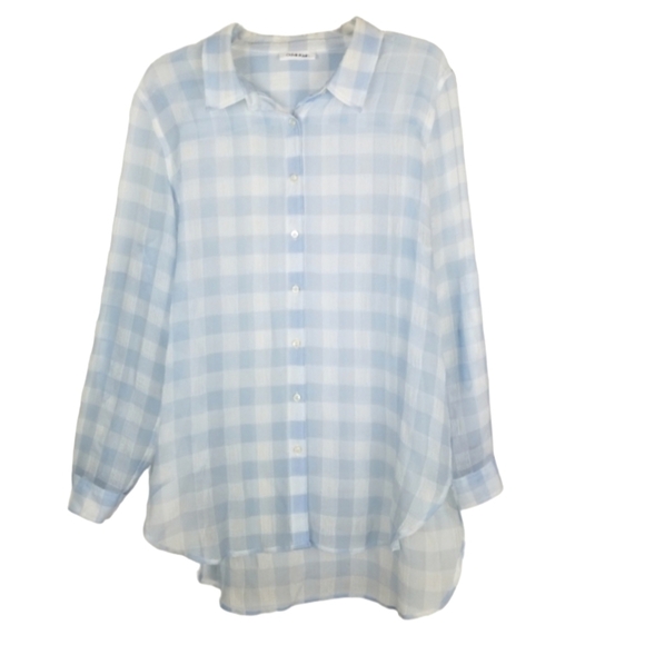 Calvin Klein Women's Long Sleeve Button Top Blouse Sheer Gingham Roll Tab Large - Picture 1 of 7